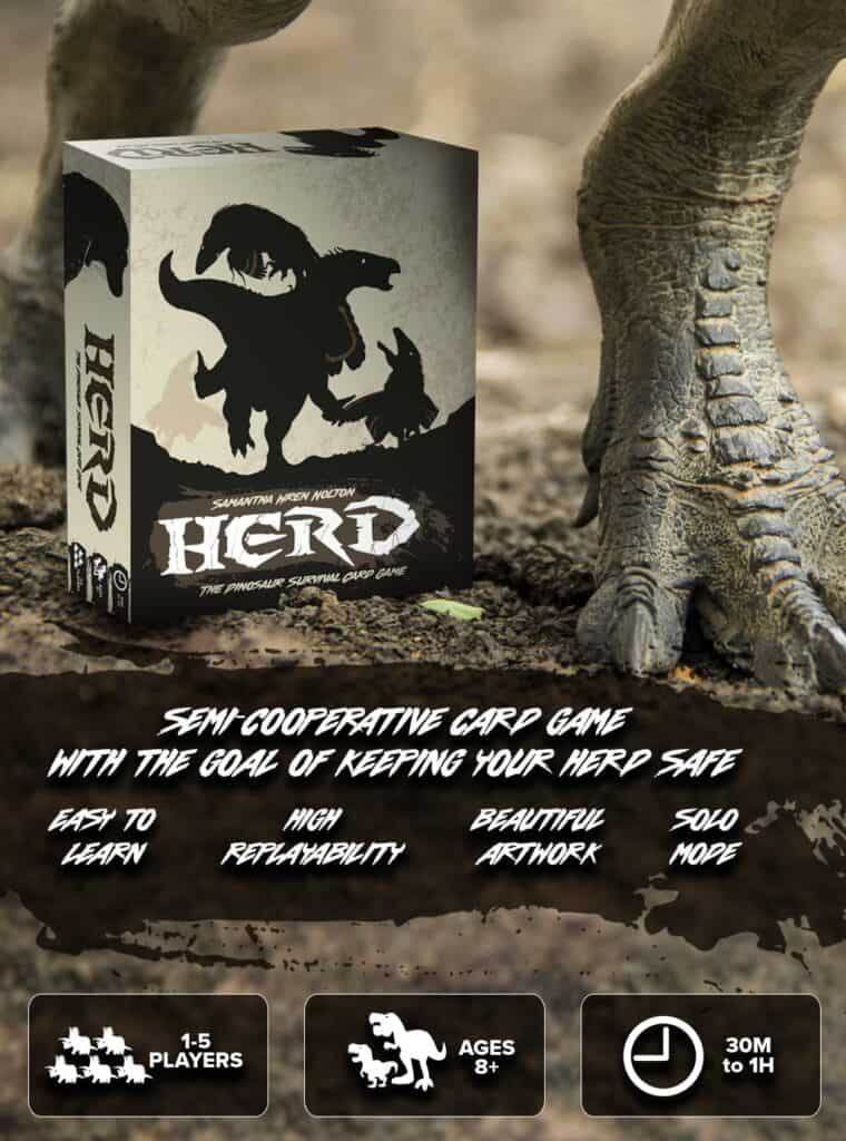 The dinosaur-themed card game box titled "Herd" is shown, perfect for a Kickstarter success story. This semi-cooperative dinosaur survival adventure is designed for ages 8+, accommodates 1-5 players, and offers up to 1 hour of fun with easy learning, high replayability, and solo mode. A dinosaur foot sits beside the box.