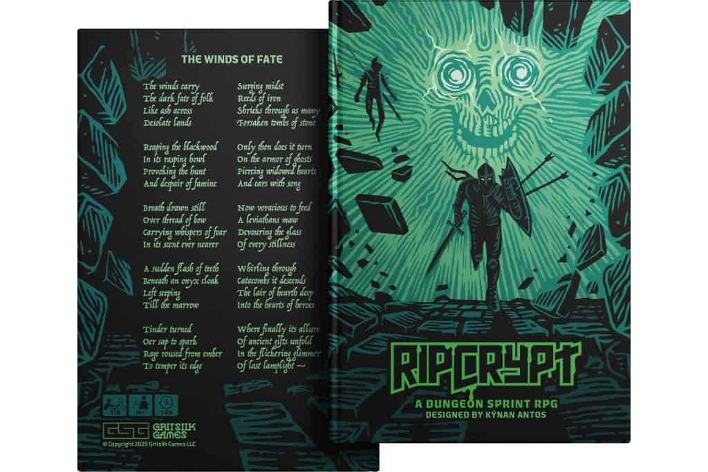 Cover of the RPG book "RIP CRYPT!" featuring a stylized green illustration of a skull and robed figure in a glowing circle. Launched on Kickstarter, this Dungeon Sprint RPG showcases Kynan Antos's design, with the back adorned in themed text and cryptic poetry.