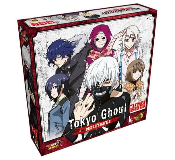 Box art for the board game "Tokyo Ghoul: District Battle," a Japanime Games classic, featuring anime-style characters. Prominent is a white-haired figure in a mask, surrounded by others in varied attire. The background blends dark and light tones, setting the stage for an epic roll & clash adventure.