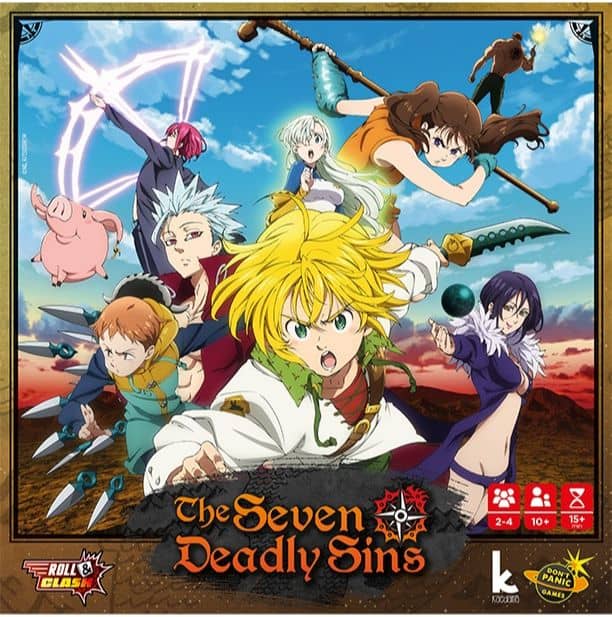Illustration of animated characters from "The Seven Deadly Sins" series in dynamic action poses. A blond character leads the charge, surrounded by others wielding various weapons against a mountainous backdrop. Logos and game details for popular Japanime Games are displayed at the bottom.