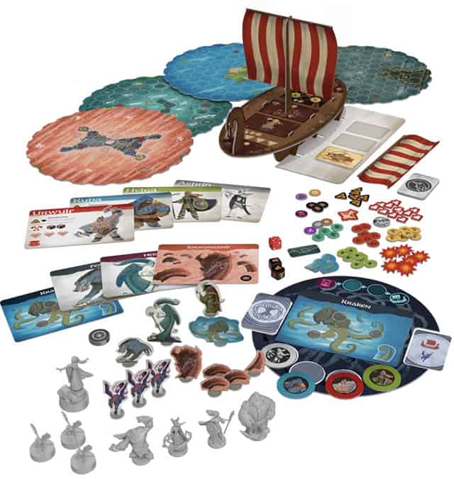 Embark on a Viking Route with this board game featuring circular ocean boards, a 3D Viking ship, illustrated cards, tokens, dice, and intricate character miniatures. Dive into a sea of adventure backed by Ares Games on Kickstarter for an epic exploration and battle experience.