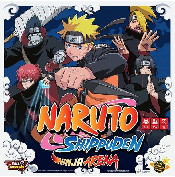 Box art for the game "Naruto Shippuden: Ninja Arena" features animated characters in dynamic action poses, embodying the essence of Japanime Games. The title is in bold lettering, while the bottom displays logos and player information.