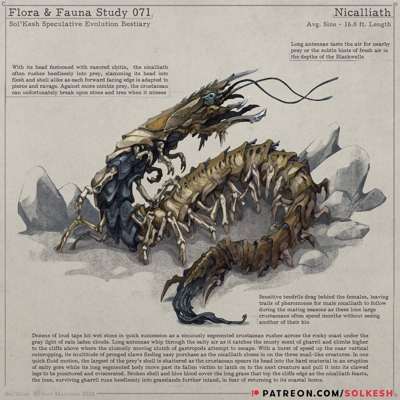 Illustration of a large, fictional crustacean with a spiky exoskeleton and numerous legs, native to the world of Sol'Kesh. The creature is depicted in a dynamic pose, with detailed textures and colors. Text describes its features, habitat, and behavior in a speculative evolution bestiary entry.
