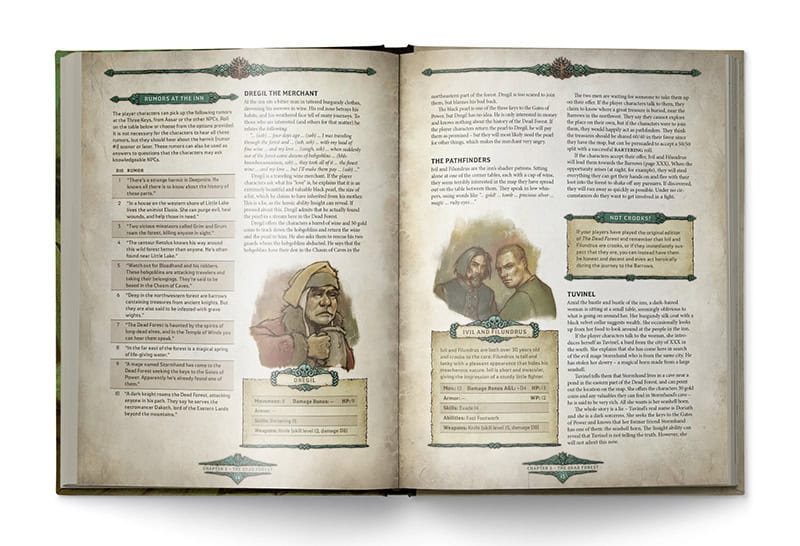 An open book reveals the Dragonbane campaign expansion, with illustrated character profiles. On the left, a hooded figure is detailed, while on the right, two people illustrate their path of glory. The layout thrives with tables and decorative elements.
