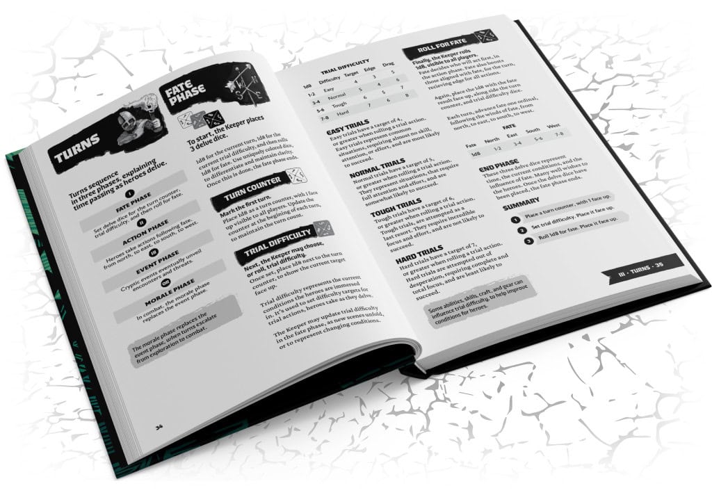 Open rulebook displaying pages with game instructions, charts, and illustrations. Text delves into turns, trial difficulty, and ending phases of Dungeon Sprint RPG. Background features a cracked, stone-like design reminiscent of RipCrypt.