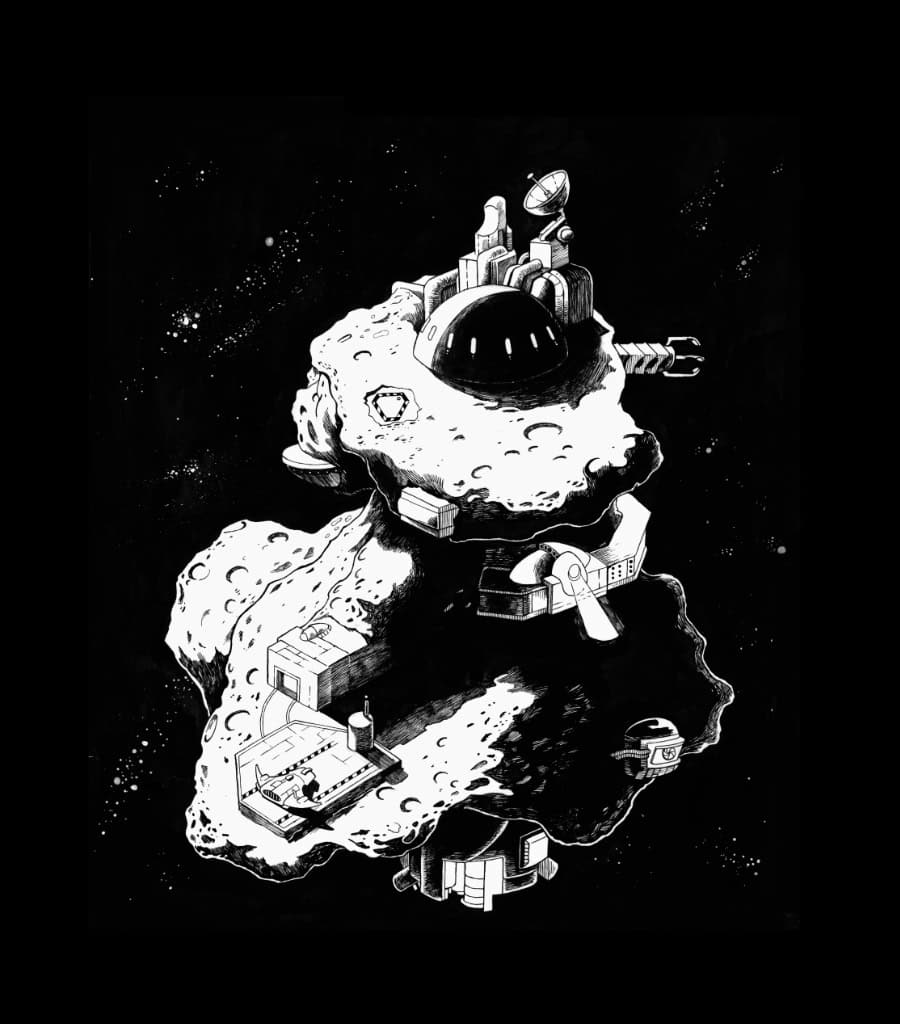 A black and white illustration of a futuristic colony on an asteroid invokes the feel of a classic sci-fi TTRPG. Various buildings and structures, including domes and antennas, are scattered across the rocky surface while the starry space scene in the background invites you to stay frosty.