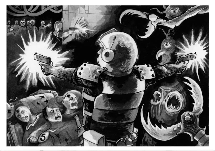 A surreal black and white illustration depicts a figure in armor, helmet gleaming, firing two guns amidst creatures and faces in distress. The chaotic scene, reminiscent of classic sci-fi TTRPGs like Stay Frosty, features bizarre entities and monstrous elements bursting with intense action.