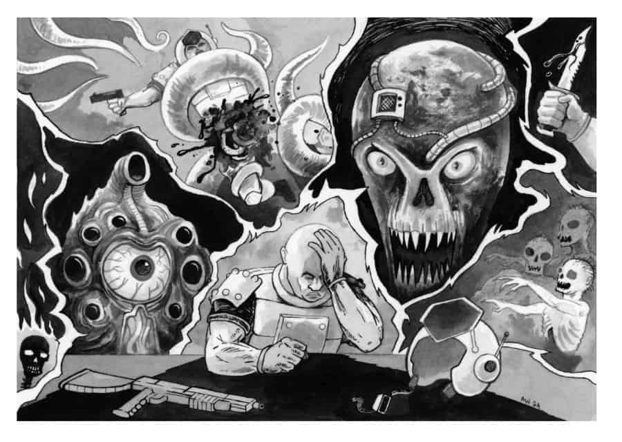 A black-and-white illustration depicts a distressed figure at a table with a gun and helmet, evoking the tense atmosphere of a Sci-Fi TTRPG. Surreal and monstrous imagery surrounds them, including a skull-faced creature, an eye-like entity, and ghostly figures—Stay Frosty indeed.