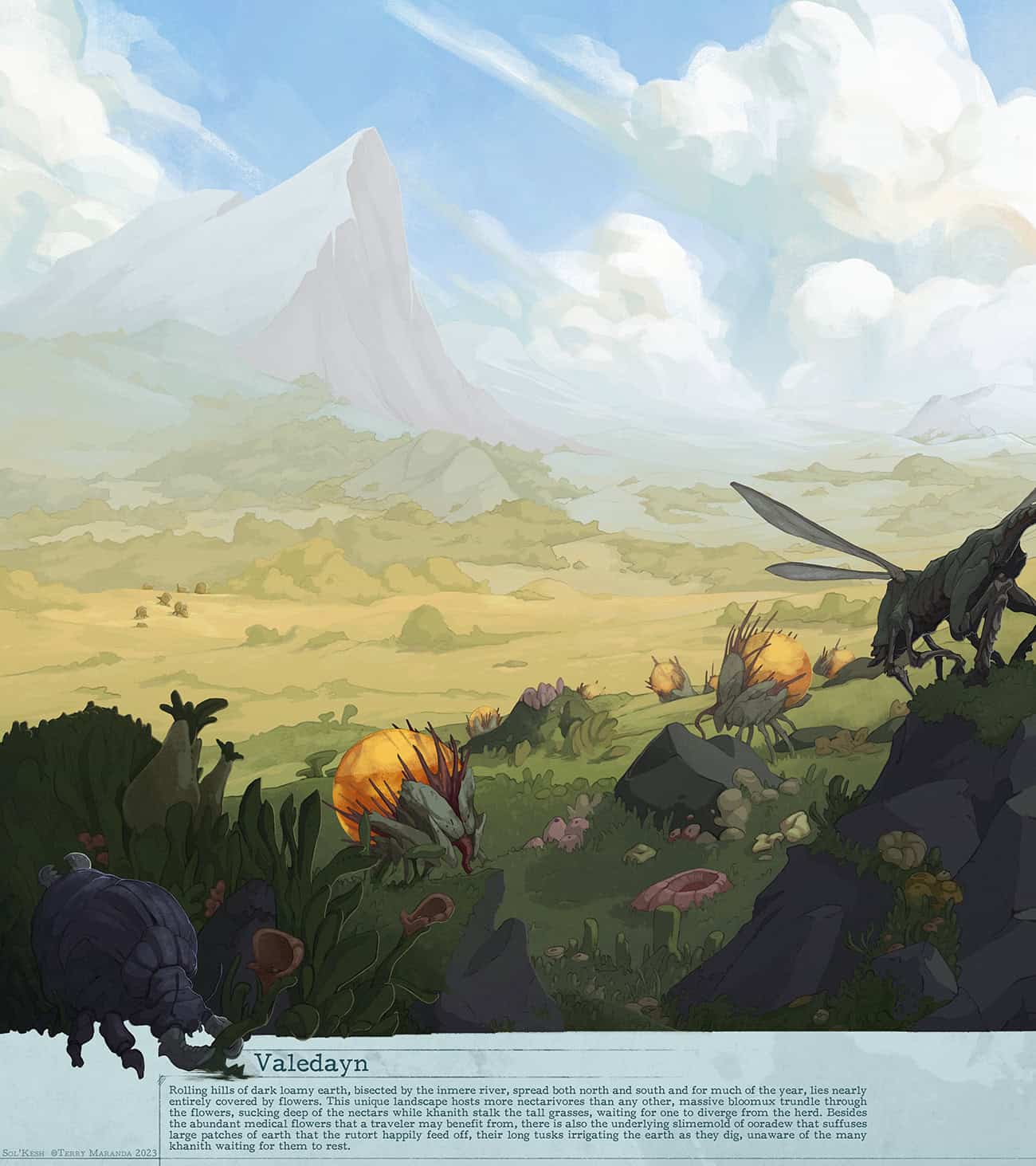 Illustration of a lush, expansive valley with diverse alien vegetation. In the foreground, various exotic plants and large insect-like creatures engage in a silent conversation. The Sol'Kesh mountain range towers in the background under a cloudy sky. Text at the bottom reads "Valedayn.