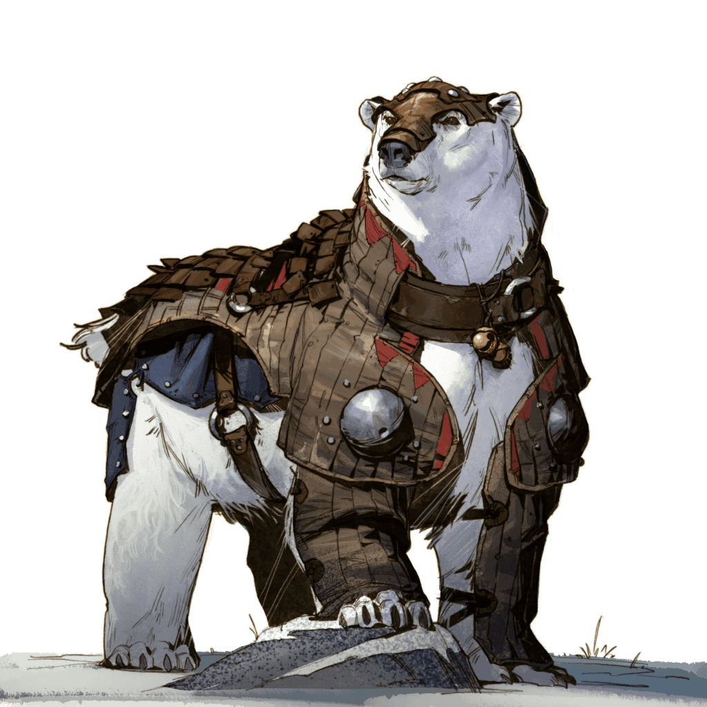 An illustration of a polar bear wearing detailed leather armor from the Kin of the Wild Expansion stands confidently on a snowy surface. The armor, adorned with metallic details and straps, gives the bear a regal and fierce appearance, reminiscent of tales from the Chronicles of Kaan.