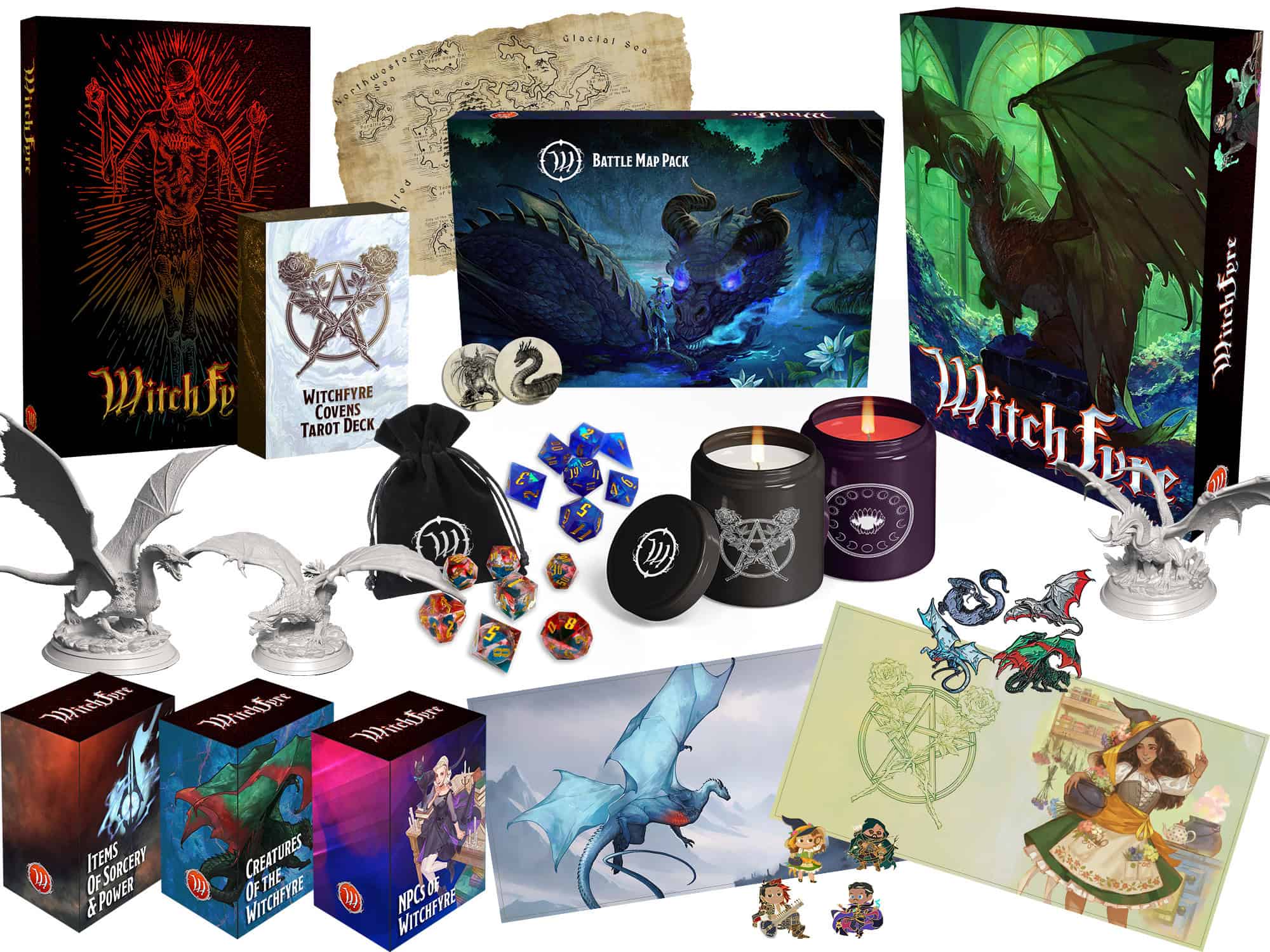 A collection of fantasy-themed items perfect for D&D or Pathfinder enthusiasts, including a map, dice, candles, dragon figurines, two boxed card sets, a tarot deck, artwork, and a box labeled "Witch Eye." The items are artfully arranged on a white background.