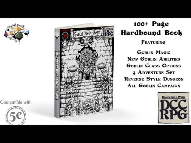 A 3D-rendered cover of the "Goblin King’s Court" TTRPG book showcases goblin magic, abilities, class options, four adventure sets, and an all-goblin campaign. Dive into goblin culture with this black-and-white fantasy illustration. Compatible with 5E and DCC RPG.