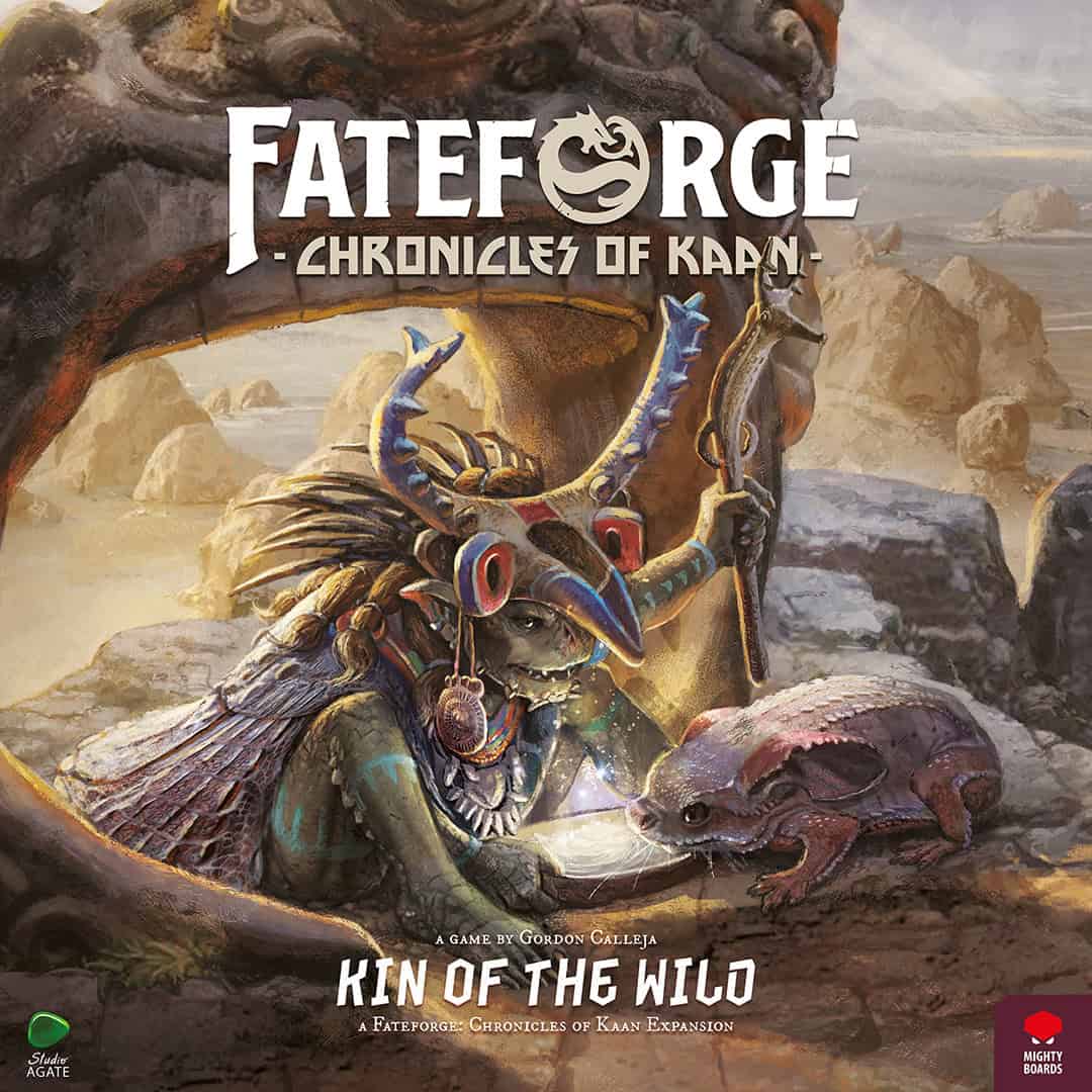 Cover art for "Fateforge: Chronicles of Kaan - Kin of the Wild Expansion." A fantasy creature, adorned with tribal jewelry and a feathered headdress, sits in a wilderness setting next to a smaller reptilian companion. Game logos and publisher details are prominently visible.