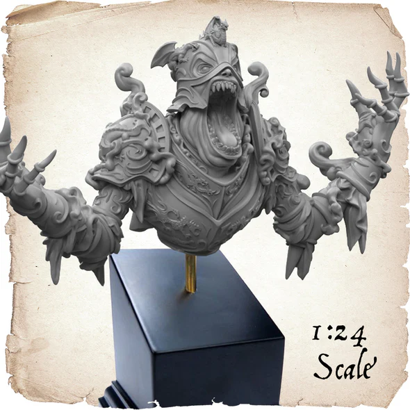 A detailed miniature sculpture of a roaring, mythical creature with ornate armor and outstretched clawed arms. Crafted by Moonstone Studio as part of their Wave 2 release, the figure is mounted on a black pedestal labeled "1:24 Scale" on a parchment-style background.