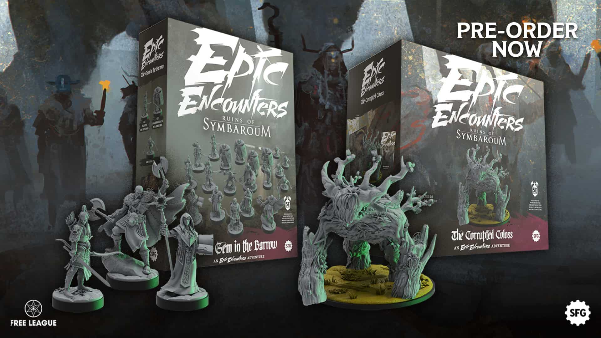 A promotional image showcasing two Steamforged "Epic Encounters" board game boxes, including "Ruins of Symbaroum," alongside intricate miniatures of mythical creatures. Set in a dark, misty forest backdrop, the text invites you to "Pre-order now.