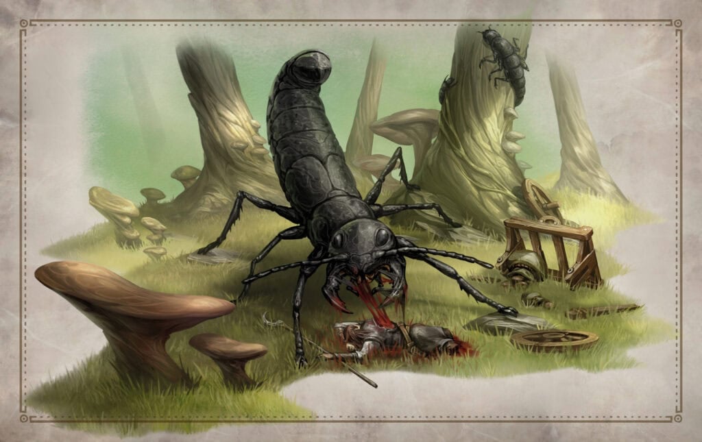 In the magical realm of "Tales of the Kytin Age," a Great Insect devours its prey amidst massive mushroom-like trees. Scattered broken gears and wooden debris hint at an abandoned mechanism, while another insect ascends a towering tree, setting the stage for this TTRPG adventure.