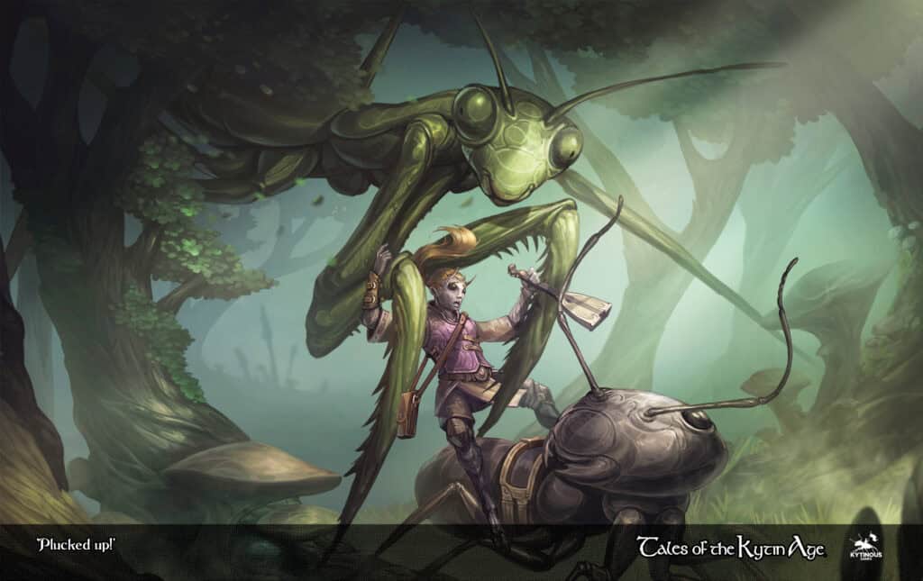A warrior with a bow and arrows rides a large ant through a forest, facing a giant praying mantis, ready for battle. The scene is dynamic and filled with lush greenery, perfect for TTRPG adventurers. Text reads: "Tales of the Kytin Age.