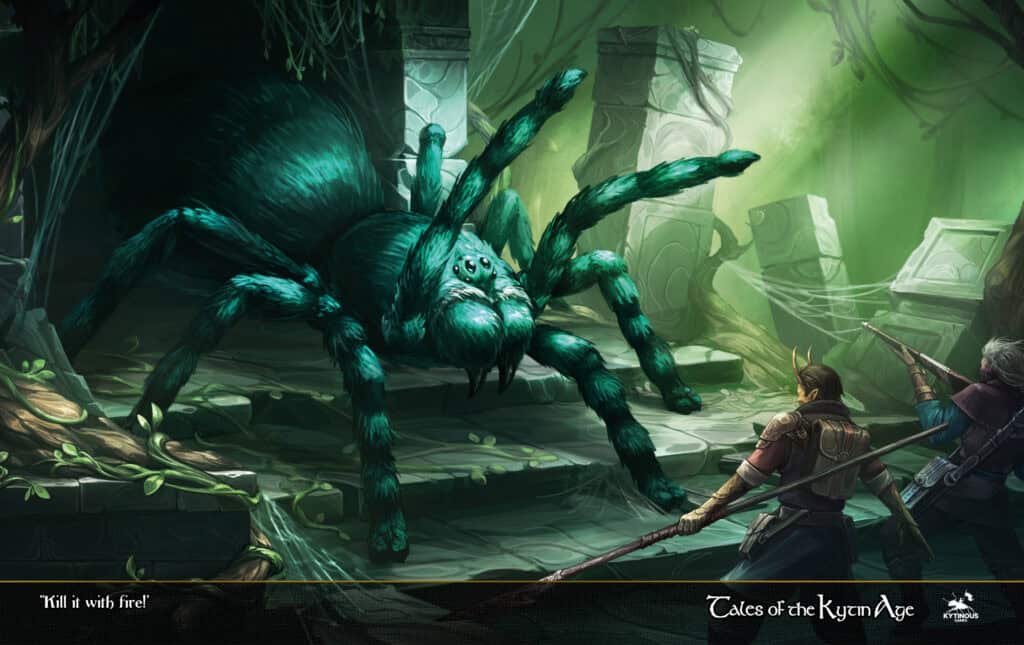 In a TTRPG-inspired fantasy forest, a large green spider confronts two armed adventurers. Ancient ruins draped in roots surround them, with sunlight streaming through the trees, weaving tales of the Kytin Age. The atmosphere is tense and mysterious.