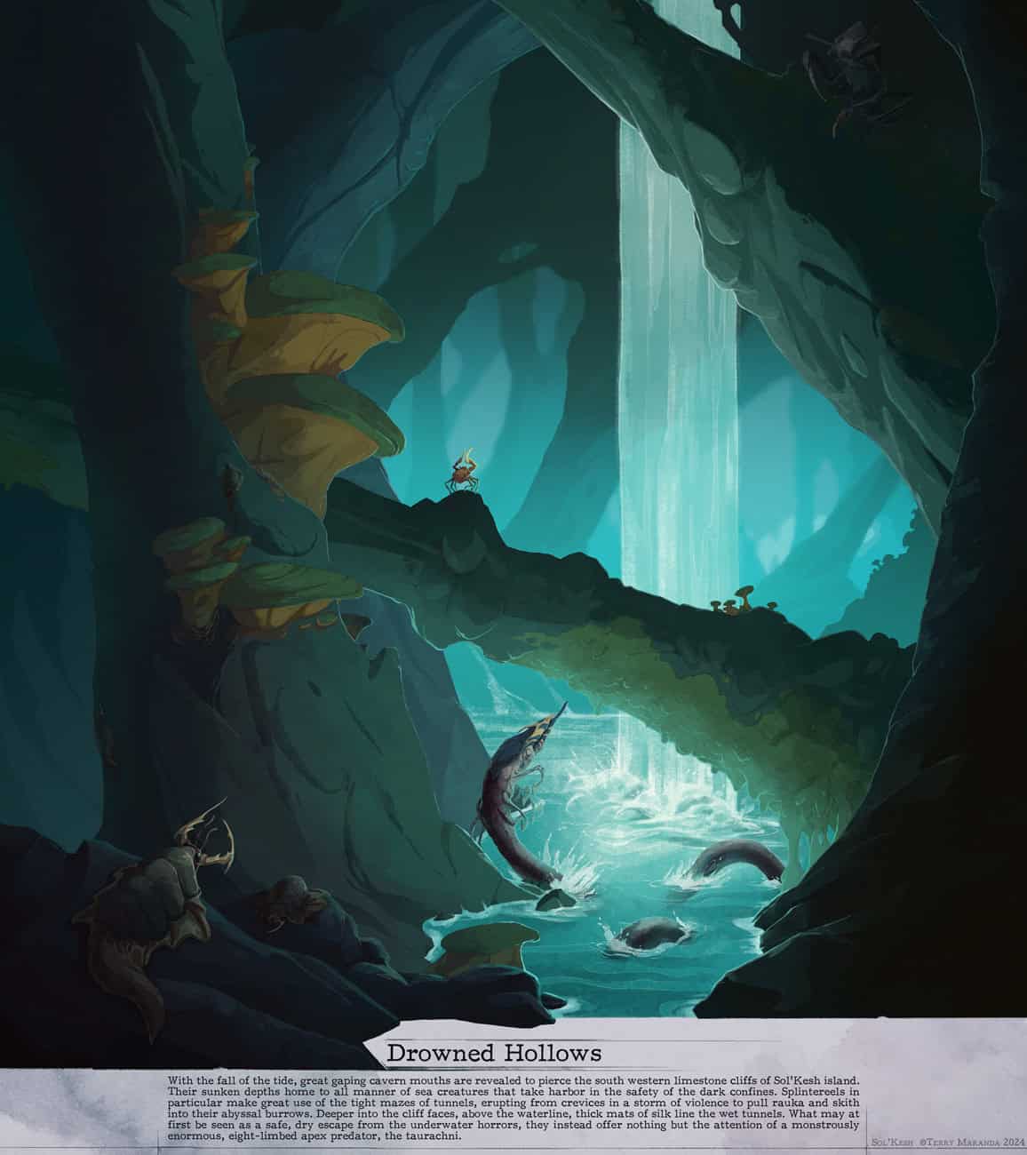 A fantasy scene depicts a lush, moss-covered cave with a bright blue glow. Water gushes through, revealing sea creatures and a shipwreck. The entrance is framed by large leaves as Sol'Kesh, a small figure, stands observing the view, lost in silent conversation with the wonders below.