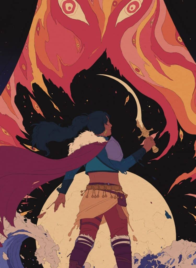 A person with long hair and a cape holds a curved sword, bravely facing a large, fiery creature adorned with eye-like patterns. The dramatic scene belongs to Gabrielle Baker's world of Tenebris Realm, where the full moon rises over swirling waves in vivid, bold colors.