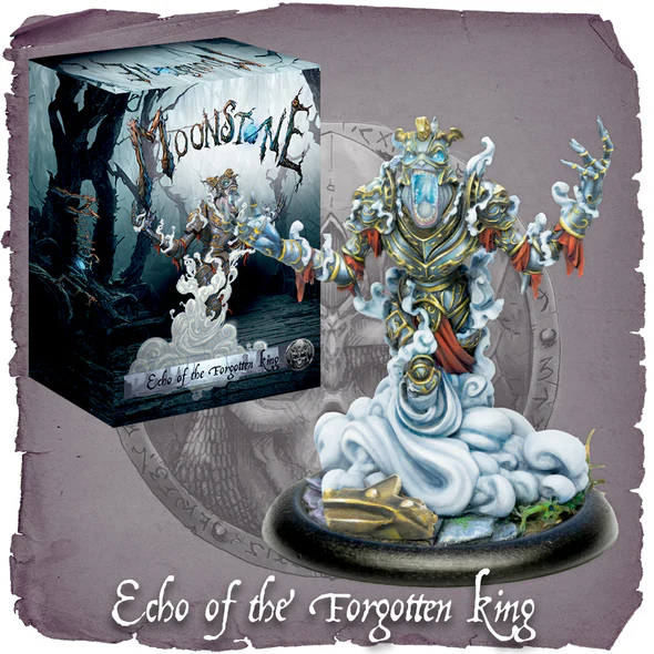 A detailed figure of the Echo of the Forgotten King by Moonstone Studio, shrouded in mist and ornate armor, stands beside its packaging featuring similar artwork. The text reads "Moonstone: Echo of the Forgotten King." Perfect for collectors, this mystical piece is available for pre-orders now.