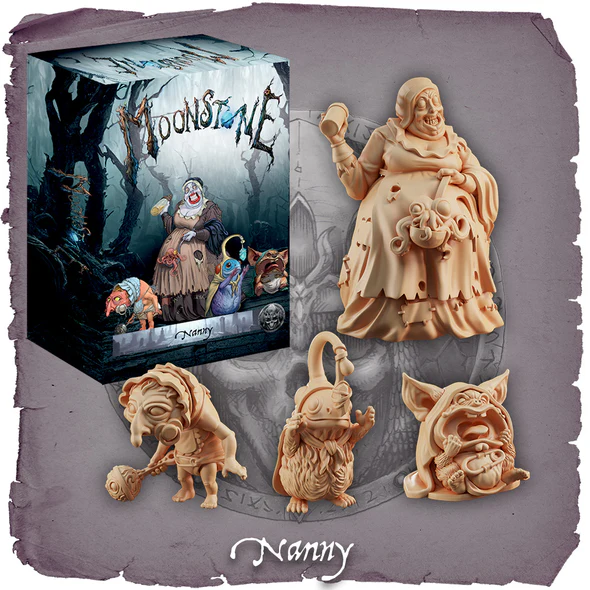 Discover the enchanting "Nanny" from Shades of Moonreach Miniatures, a whimsical figure by Moonstone Studio. This delightful character, with a mischievous smile and ladle in hand, is surrounded by fantastical creatures. The box art captures Nanny's magic in a mystical forest setting. Pre-orders available now.