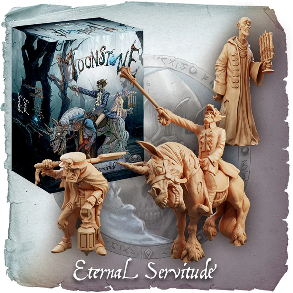 Box and three detailed figurines from the game "Moontree Eternal Servitude" by Moonstone Studio. The box features dark fantasy artwork with a figure riding a skeletal unicorn, while the figurines, part of Wave 2, depict eerie characters with dramatic poses against a magical backdrop.