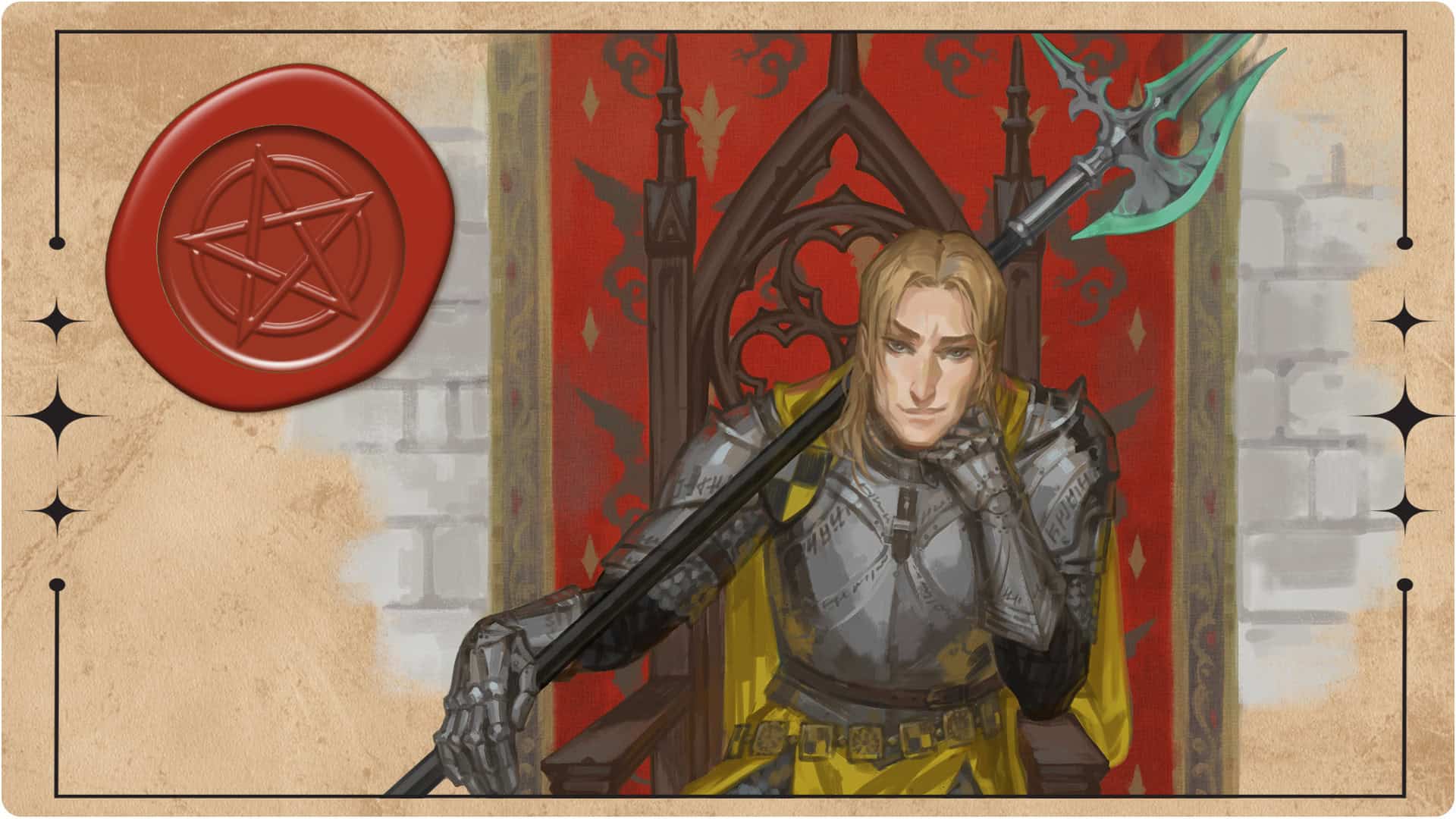 A knight in silver armor and a yellow cape sits on a throne, holding a large ornate spear. The background features a red banner with a star emblem, reminiscent of D&D realms. A red wax seal with a pentagram, hinting at witchcraft, adorns the upper left corner.
