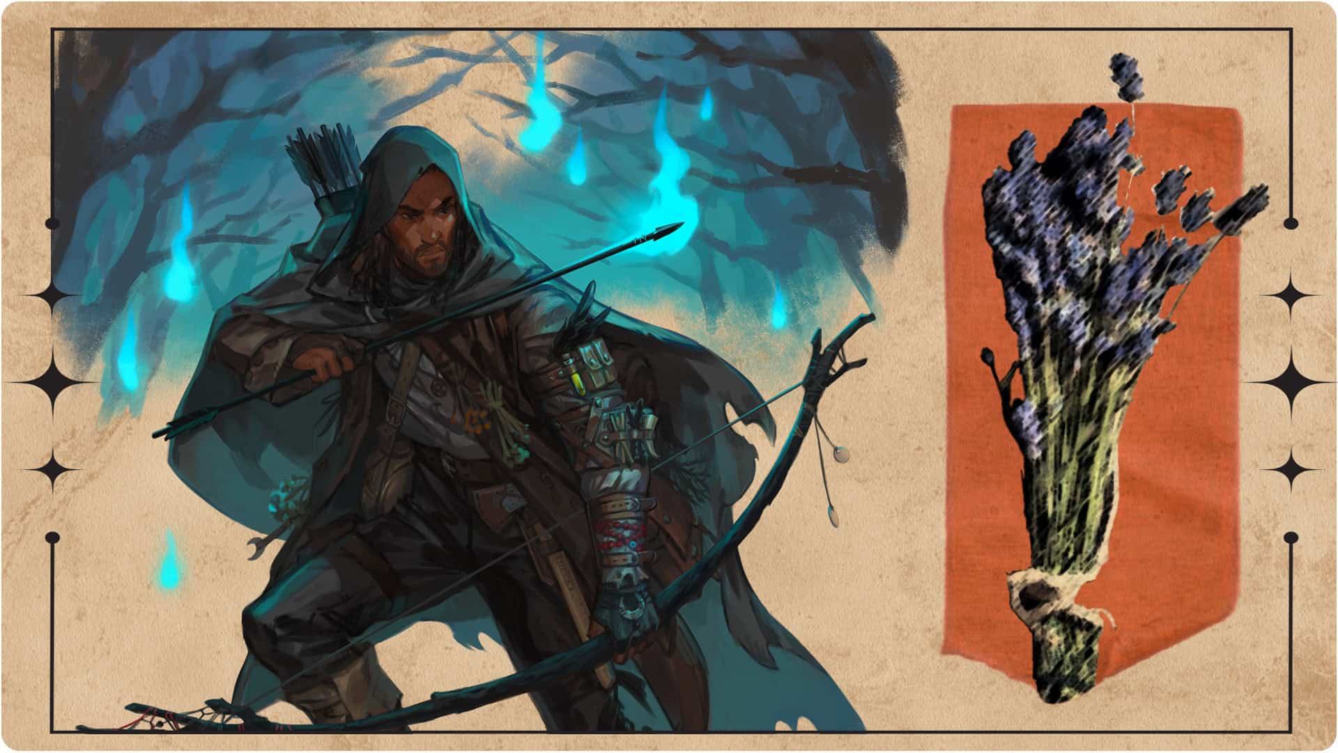 In a mystical forest, a fantasy character clad in a hooded cloak and armor stands ready, bow and arrow in hand. Blue flames hover ominously, perhaps conjured through witchcraft. To the right, a D&D-inspired bundle of lavender is tied against an orange background.