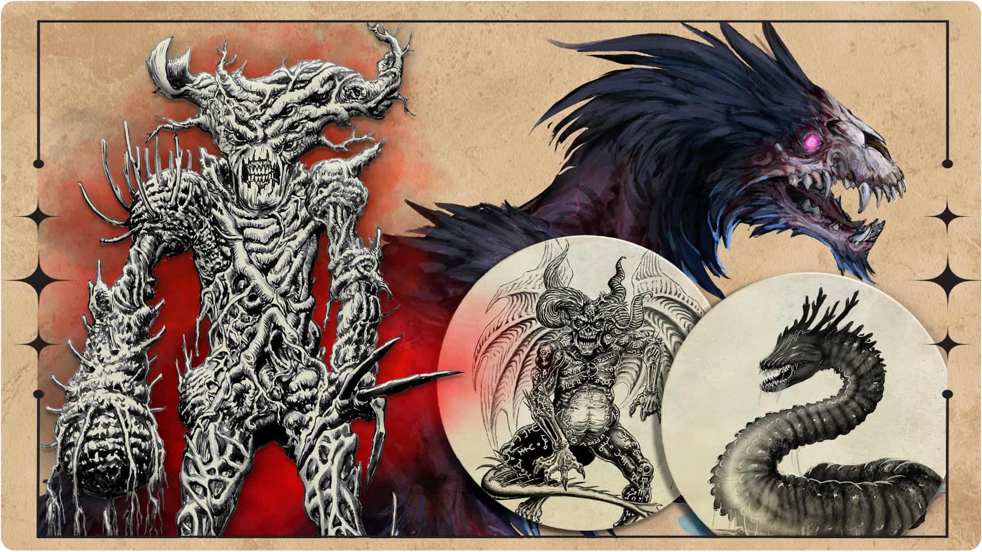 A collage featuring a grotesque, horned creature with candle-like spikes reminiscent of a witchcraft ritual, a dark, feathered beast with glowing eyes, and two circular sketches depicting a winged demon and a D&D-inspired serpentine dragon. The background is a textured tan surface.