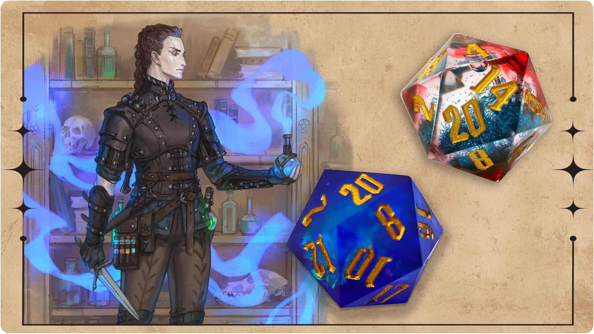 A fantasy-themed illustration features a character in dark, intricate attire holding a potion. Two colorful dice hint at a D&D adventure. The background reveals a shelf with books and mysterious objects, echoing the world of witchcraft. Blue smoke adds a magical aura.