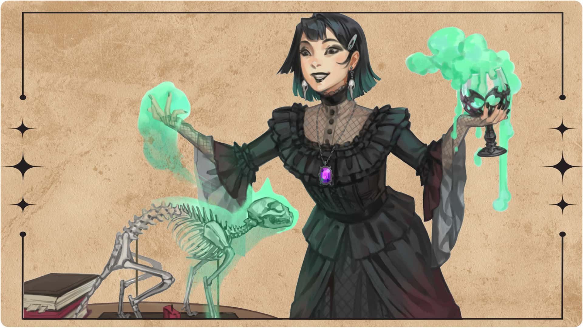 A person in a black, ruffled dress with short hair is holding a glowing green potion in a goblet, reminiscent of witchcraft. They stand next to a skeletal cat figure emitting the same eerie light. Books and more green substance are on the table, evoking a mystical D&D or Pathfinder setting against the tan background.