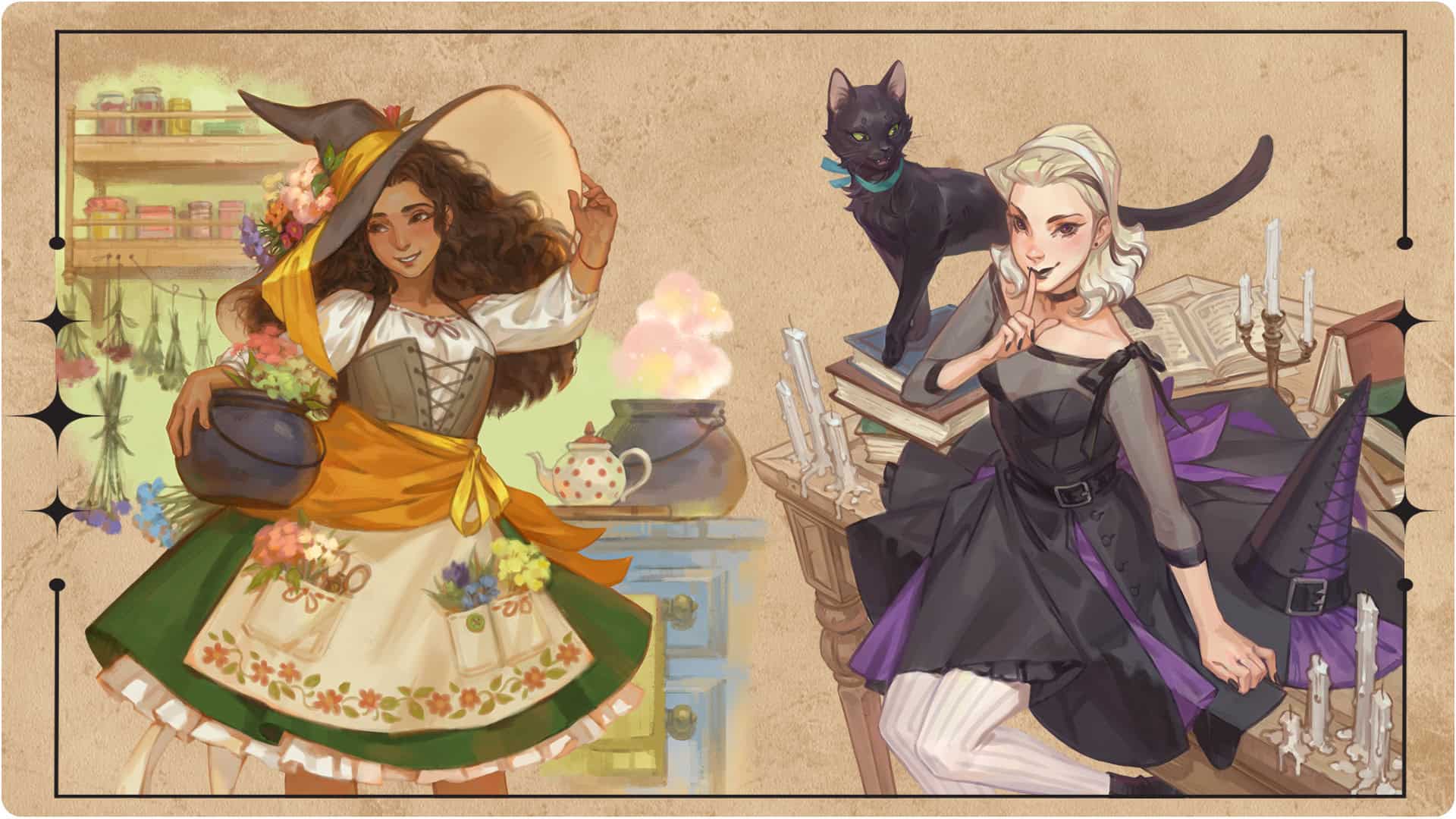 A whimsical illustration of two witches: one with curly brown hair, a floral dress, and a wide-brimmed hat holding a basket; the other with short white hair in a Gothic dress, seated beside a black cat and an open book on witchcraft, surrounded by flickering candles.