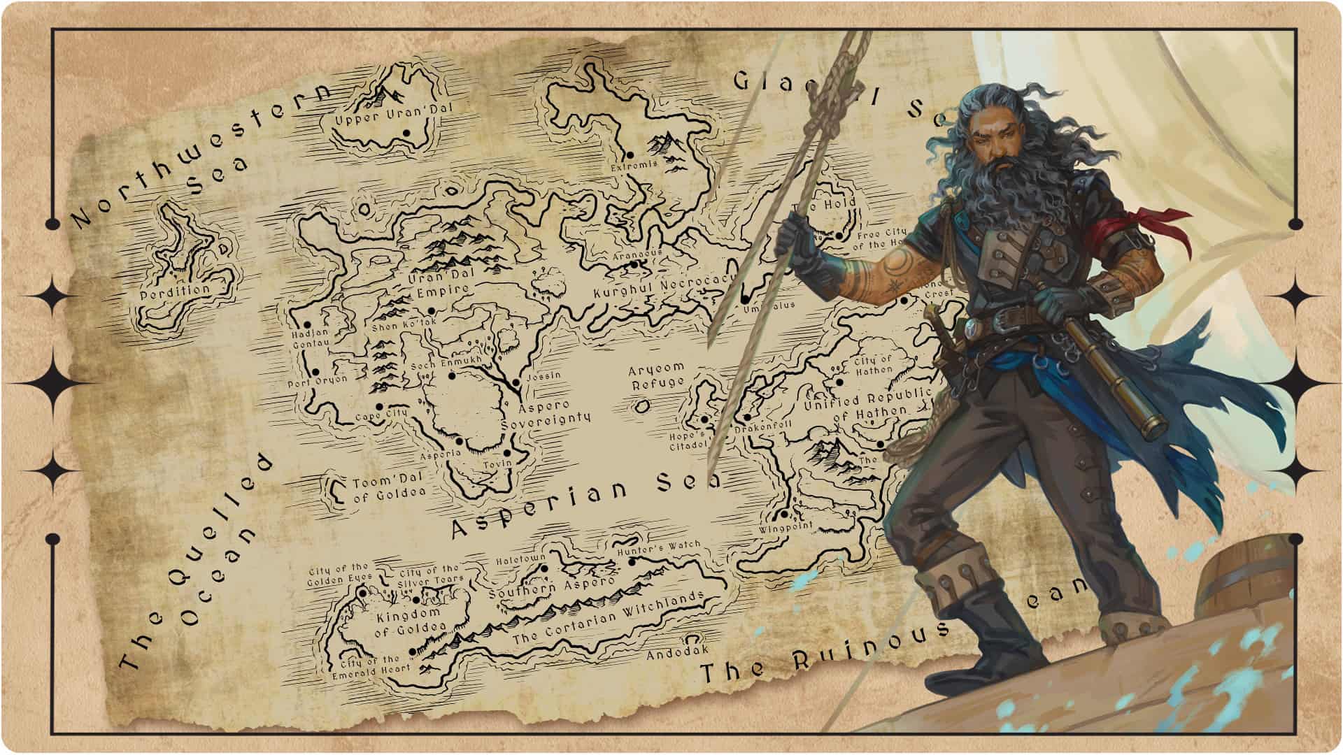 A bearded adventurer stands confidently on a ship's bow, holding a trident. Behind him is an intricately detailed fantasy map labeled with seas, regions, and islands. The map's colors and designs evoke a sense of exploration and mystery, akin to discovering hidden treasures in a new RPG supplement.