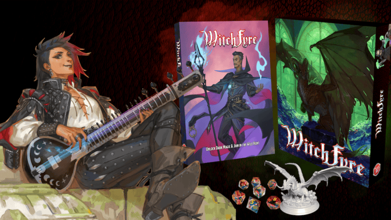 A vibrant fantasy-themed game display showcases a character playing an electric guitar, two Witchfyre game boxes featuring mystical artwork, colorful dice, and a detailed dragon figurine against a dark, fiery backdrop. The scene feels like an RPG supplement brought to life with hints of witchcraft magic.