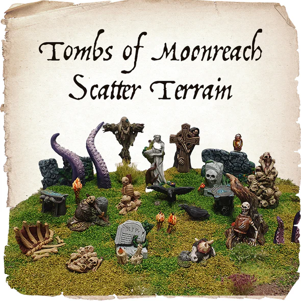 A display of miniature scatter terrain for tabletop games, featuring tombstones, Cthulhu-like tentacles, skeletons, and various spooky elements on a grassy base. The text reads "Tombs of Moonreach Scatter Terrain." Brought to you by Moonstone Studio's Shades of Moonreach Miniatures.