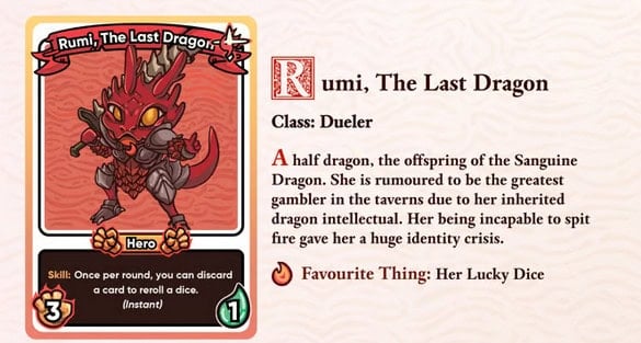 This image showcases a fantasy trading card for "Rumi, The Last Dragon," a red dragon hero classed as a Dueler. Her Soularis skill of rerolling dice highlights her prowess as a rebel hero and great gambler, always carrying her lucky dice. Available now on Kickstarter!