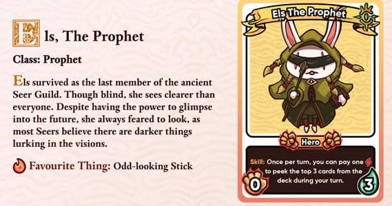 A trading card featuring "Els, The Prophet," a Rebel Hero rabbit clad in cloak and hood, clutching a stick. Though blind, Els sees clearly with prophetic skills. The card includes stats and a special skill description—an exclusive collectible from the Soularis series on Kickstarter.