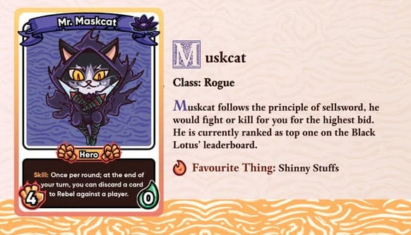 Illustration of a card featuring "Mr. Maskcat," the Rebel Hero cat character in rogue attire holding a dagger. Descriptive text includes class and skills, highlighting its top rank and favorite thing: "Shinny Stuffs." The patterned orange background hints at an upcoming Soularis Kickstarter event.