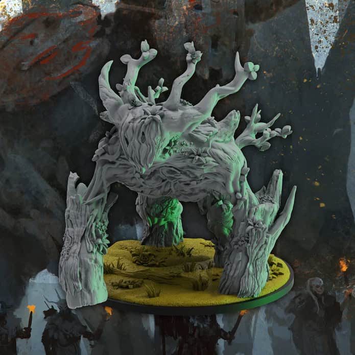 A miniature model of an ancient, tree-like creature with twisted branches and leaves stands on a textured base. The dark, mysterious background hints at a Steamforged fantasy setting akin to Epic Encounters, where silhouetted figures and glowing accents evoke the mystical Ruins of Symbaroum.