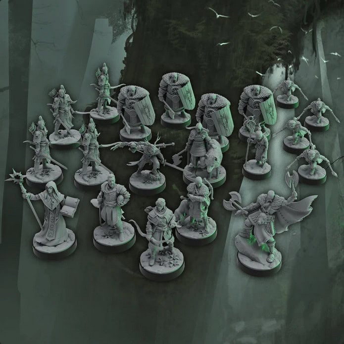 A collection of intricately detailed fantasy miniatures arranged on a forest-themed background inspired by the epic encounters in "Ruins of Symbaroum." The figures include warriors, wizards, and mythical creatures with highlights in green, set against a shadowy forest scene.