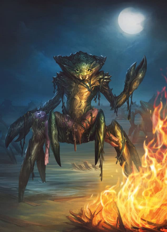 Under the moonlit sky of the Kytin Age, a humanoid crab creature stands near a fire, its large claws and rugged exoskeleton casting shadows. With tattered, seaweed-like features, it resembles great insects from TTRPG tales. Its eyes reflect the firelight in an eerie yet captivating scene.