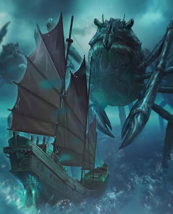 In a dramatic scene from the Tales of the Kytin Age, a large wooden sailing ship battles stormy seas, confronted by an enormous, menacing crab-like creature. The Great Insects rise from turbulent waters under swirling clouds, casting a mysterious and intense atmosphere perfect for a TTRPG adventure.