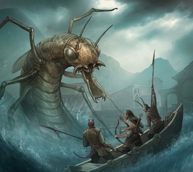 Amid stormy skies and mountainous terrain, a giant sea creature from the Tales of the Kytin Age emerges, confronting three people in a small wooden boat. Armed with spears, they face the beast in this tense, action-packed scene reminiscent of a thrilling TTRPG adventure.