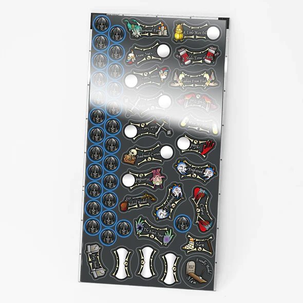 A sheet of board game tokens and markers from Moonstone Studio is displayed, with circular and rectangular pieces showcasing colorful, thematic artwork perfect for a fantasy game. This Wave 2 collection includes a variety of designs and text elements.