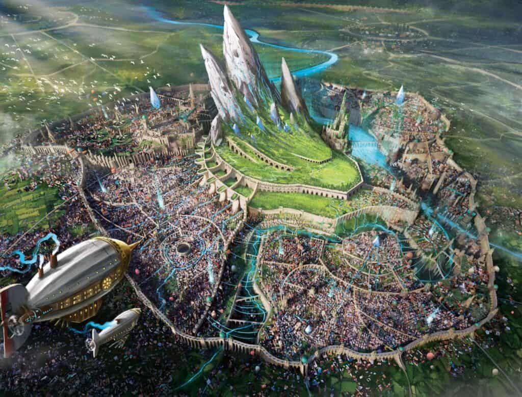 A sprawling fantasy city in the Tenebris Realm with futuristic architecture surrounds tall, jagged mountains at its center. Lush greenery contrasts with the vibrant cityscape, featuring intricate waterways and airships hovering nearby. Bright, detailed, and imaginative.