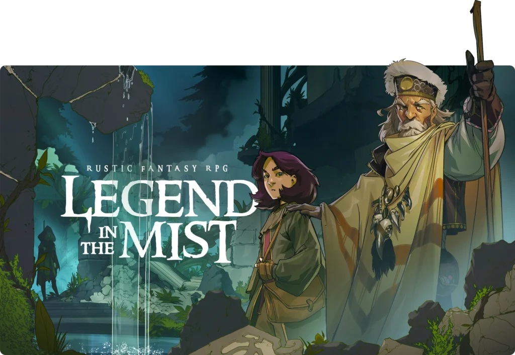 An illustration of an old man and a young woman standing in a misty, fantastical landscape. The man wears a robe and crown, holding a staff. The woman has a determined look. Text reads "Legend in the Mist: Fantasy RPG," teasing its grand Summer 2025 release.