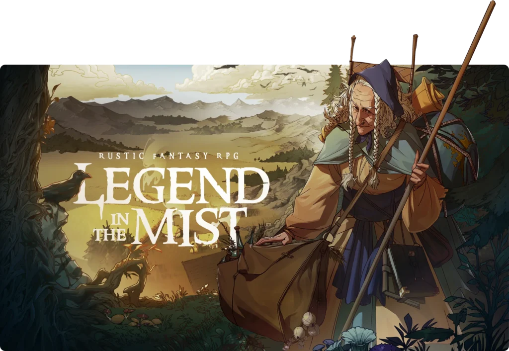 An elderly traveler with a staff and cloak stands in a lush, mystical landscape. Mountains and a cloudy sky loom in the background. The text reads "Legend in the Mist: A Rustic Fantasy RPG." Prepare for adventure with this Summer 2025 Release.