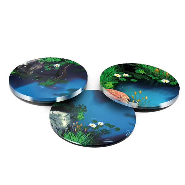Three round ceramic plates from Moonstone Studio feature vibrant illustrations of a serene pond with water lilies, green foliage, and a sunny blue sky reflected on the water's surface. The artistic design captures the tranquil essence of nature.