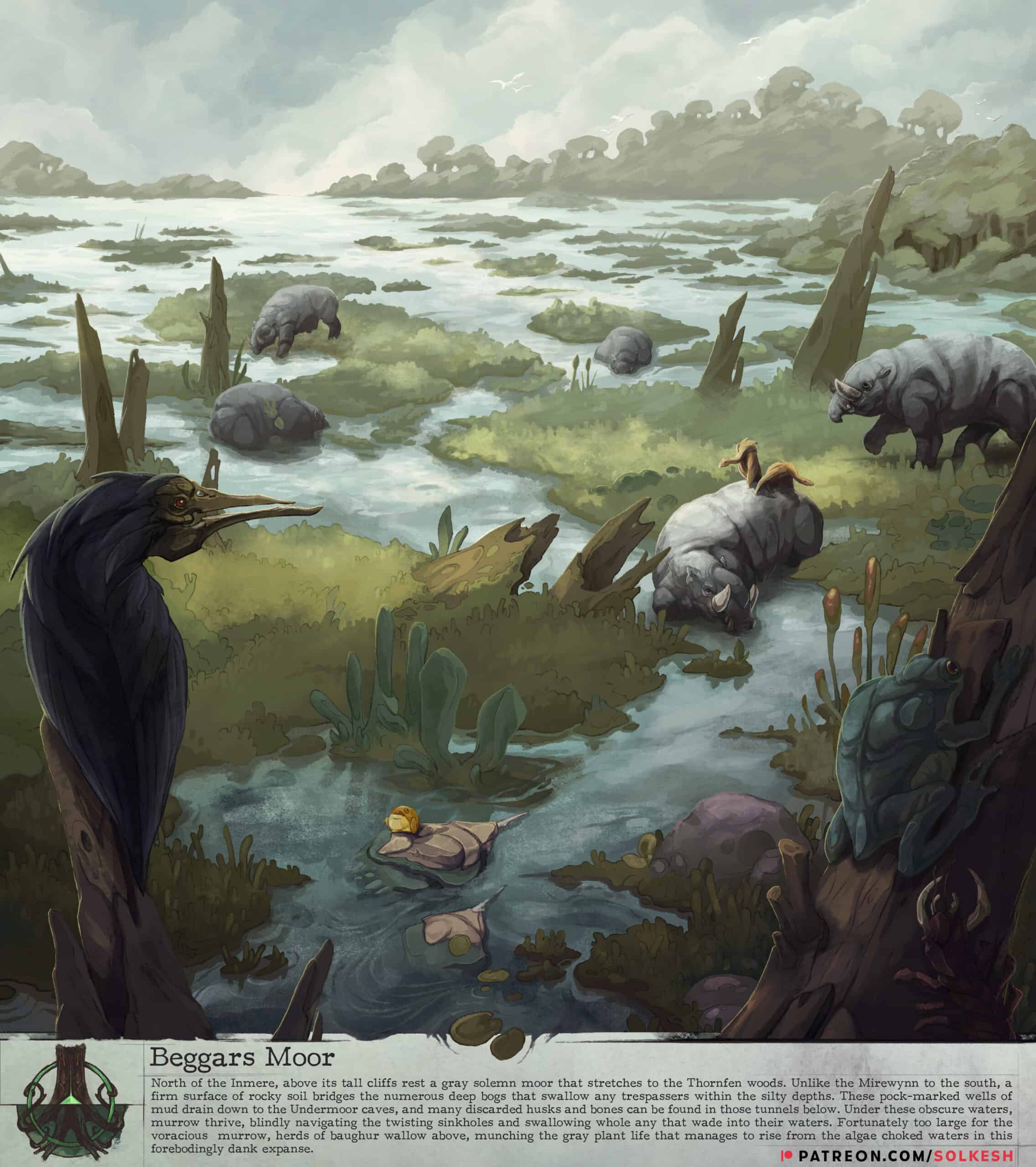 A mystical swamp scene unfolds at Sol'Kesh, with deer-like creatures grazing and a large bird perched nearby. A small reptilian figure is in the marshy water. The foggy landscape, rich with vegetation, exudes a mysterious ambiance, titled "Beggars Moor" by Terry Maranda.